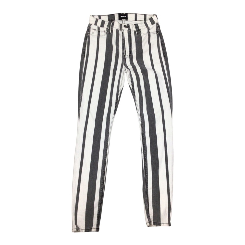 Hudson Barbara Striped Gray & White High-Rise Jeans Super Skinny Ankle 26